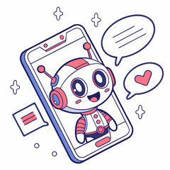 Cute Robot Chatbot On Smartphone Screen Communicating With Love And Messages