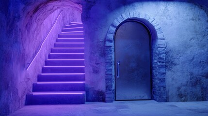 Fototapeta premium Neon stairs, arched doorway, cave-like interior