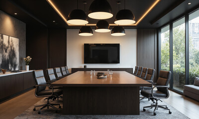 Contemporary executive boardroom with dark walnut table, leather chairs, and soft pendant lighting. Include a large presentation screen for virtual