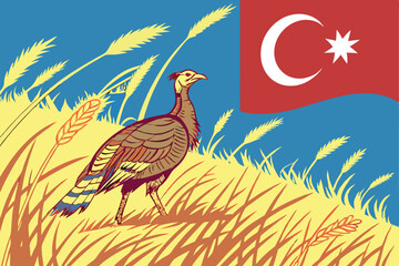 41 Surreal painting, turkey bird, Turkish flag, wheat field, blue sky, realistic details, vibrant colors, patriotic symbolism, oil painting style, dramatic lighting, golden grass, red and white flag, 