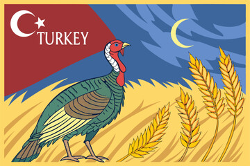Fototapeta premium 41 Surreal painting, turkey bird, Turkish flag, wheat field, blue sky, realistic details, vibrant colors, patriotic symbolism, oil painting style, dramatic lighting, golden grass, red and white flag, 