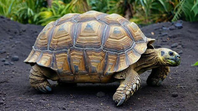 Large tortoise walking on dark soil with vibrant green plants in background, showcasing its textured shell and patterned feet.