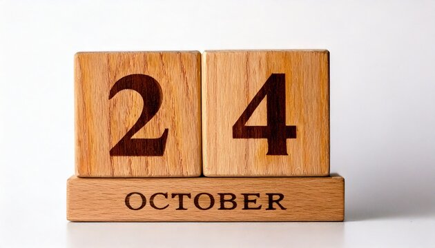  Minimalist photo of wooden blocks with date 24 October. Day and month, calendar on white.