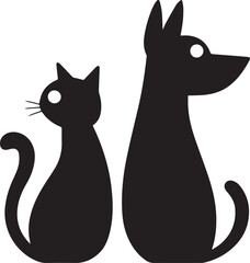 Black and white silhouette of a dog and a cat sitting side by side,
