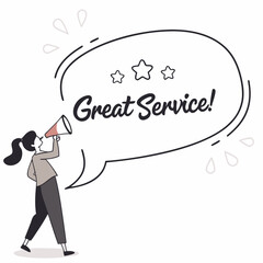 Woman With Megaphone Announcing Great Service Three Stars In A Speech Bubble