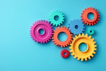 Colorful plastic gears on light-blue background. Represents mechanical education or teamwork metaphors. Used in STEM kits or creative decor, symbolizing interconnected systems