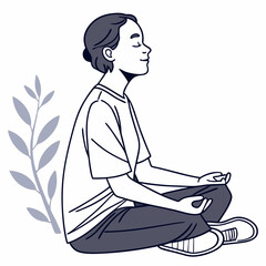Woman In Lotus Position Meditating With Nature Background Vector Illustration