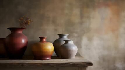 A collection of elegantly crafted vases showcases unique colors and textures, creating a serene ambiance Ideal for home decor and interior design inspiration