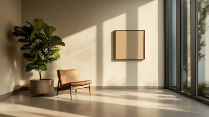 Fototapeta premium Elegant interior design featuring minimalist furniture, a potted plant, and natural light in a modern space