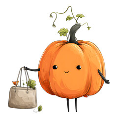 cute cartoon illustration of pumpkin lantern with smiling face, holding bag with leaves and vines. pumpkin has whimsical and friendly appearance, perfect for Halloween themes