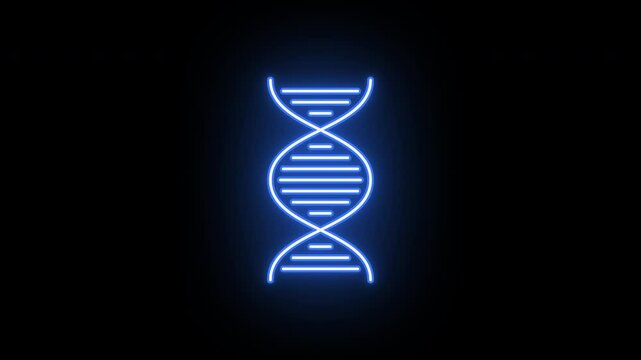 Neon DNA helix icon, flickering emergence and fading. Glowing neon DNA strand icon, looped animation. Gene engineering, DNA mutation, genetic data research, biotechnology. Violet blue azure colors