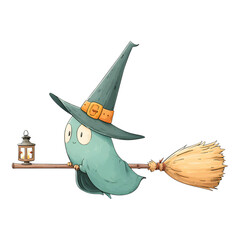cute cartoon illustration features ghost wearing witch hat, riding broomstick with lantern. whimsical design captures playful Halloween theme with magical touch