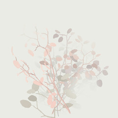 Pastel branch and leaves superimposed watercolors digital painting style fade condition on light green square background.