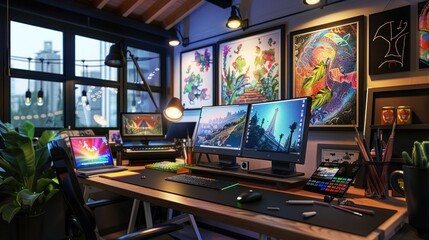 A digital art studio with state-of-the-art graphic tablets and vibrant works in progress