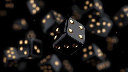 Chance and Fate: Captivating shot of multiple dice, elegantly suspended against a dark backdrop, each facet a cryptic testament to the unpredictable nature of life and luck.