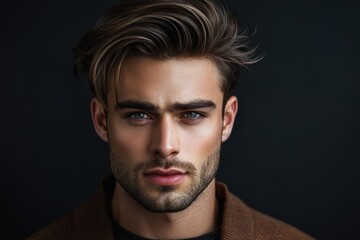 Fototapeta premium Handsome Male Model. Portrait of Photogenic Young Man with Stylish Coiffure in Fashion Studio