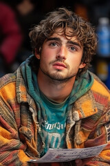 Obraz premium Closeup portrait of a young man with curly brown hair, wearing a colorful plaid jacket and teal shirt.