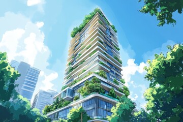 Fototapeta premium Modern Eco-Friendly Skyscraper with Green Terraces and Blue Sky