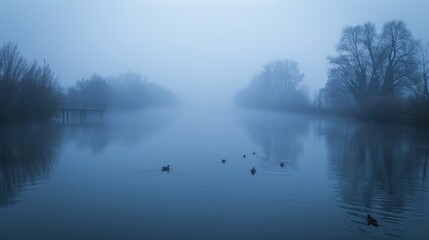 Obraz premium A foggy river scene at dawn with ducks swimming in the calm water