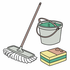 Cleaning Equipment Doodle Of Mop Bucket And Sponges For Household Chores