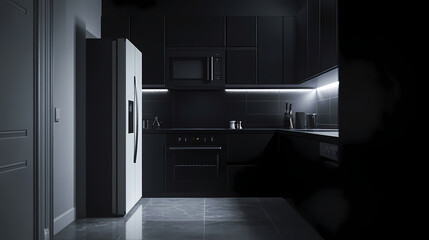 Modern Kitchen Interior: An eye-level perspective of a sleek, minimalist kitchen, illuminated by ambient lighting that casts soft shadows across the dark cabinetry and modern appliances. 