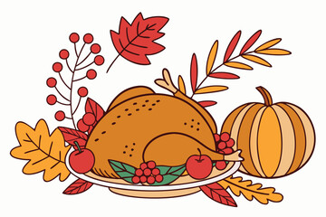 43 Thanksgiving feast illustration, roast turkey centerpiece, autumn leaves, red berries, apples, pumpkin, feathers, warm colors, detailed digital art, festive composition, fall harvest theme, vibrant
