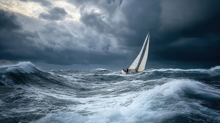 Stormy Sea Adventure. Sailboat battling rough waves under dark clouds. Represents human resilience against nature’s fury