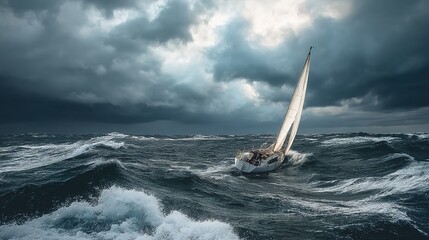 Stormy Sea Adventure. Sailboat battling rough waves under dark clouds. Represents human resilience against nature’s fury