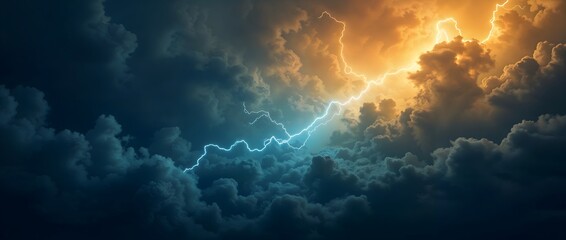 A dramatic sky filled with dark storm clouds and electric lightning strikes