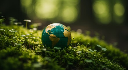 Miniature Earth Globe Nestled in Lush Green Moss, Symbolizing Environmental Preservation