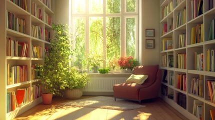 Fototapeta premium Sunny Reading Nook Filled with Books