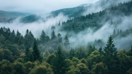 Fototapeta premium A misty morning in a valley with trees shrouded in fog