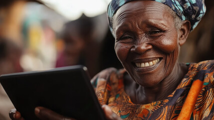 Close-up of an elderly couple, both smiling and enjoying their time using a tablet together