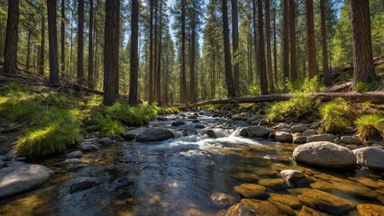 A serene forest landscape with tall pine trees