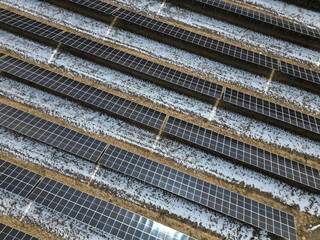 Aerial view over solar cells energy farm in Liminka, Finland