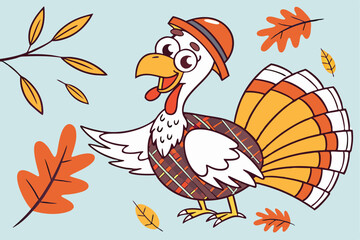 44 Cartoon turkey character, colorful feathers, orange beret, white chest feathers, plaid vest, expressive eyes, outstretched wings, autumn leaves, vibrant colors, cheerful pose, Thanksgiving theme, d