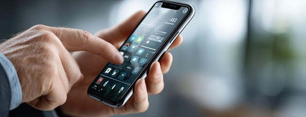 A businessman engages with a holographic data visualization in a dark blue environment, showcasing advanced technology and connectivity