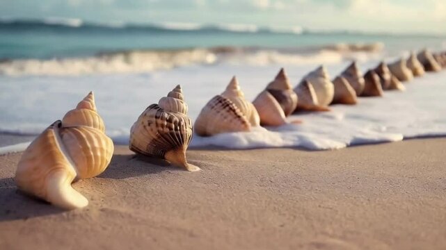 A neat row of spiral seashells rests on wet sand as the ocean tide washes gently along the shoreline providing excellent copy space for design projects.