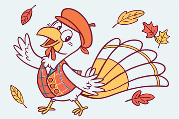 44 Cartoon turkey character, colorful feathers, orange beret, white chest feathers, plaid vest, expressive eyes, outstretched wings, autumn leaves, vibrant colors, cheerful pose, Thanksgiving theme, d