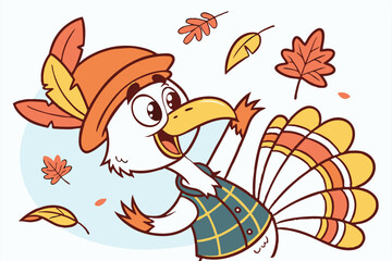 44 Cartoon turkey character, colorful feathers, orange beret, white chest feathers, plaid vest, expressive eyes, outstretched wings, autumn leaves, vibrant colors, cheerful pose, Thanksgiving theme, d
