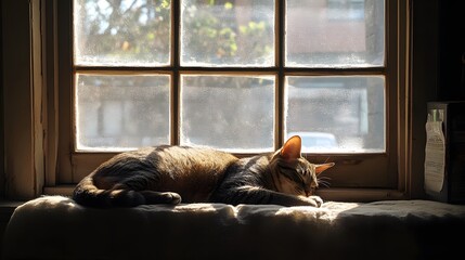 A tabby cat sleeping on a cozy windowsill with sunlight streaming in