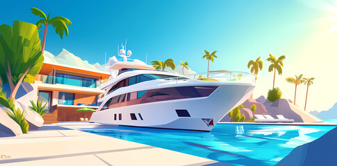 Luxury Yacht in Paradise: A stunning luxury yacht is anchored in crystal-clear turquoise waters, flanked by a lavish villa and palm trees, evoking an aura of opulence and tranquility.