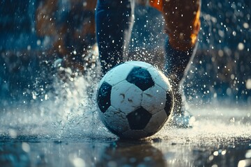 Fototapeta premium Close-up view of players' sweat dripping, the ball sliding fast with fast action and warm cheers coloring the passionate futsal match