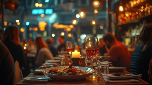 Dinner setting with wine and food in a restaurant