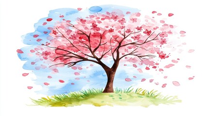 Fototapeta premium Blossoming cherry tree in spring nature scene watercolor art serene landscape vibrant colors