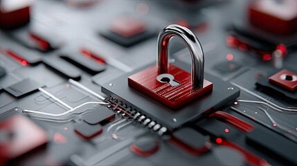 Glowing red abstract lock symbol with circuit patterns and data streams, symbolizing cybersecurity in a digital art style
