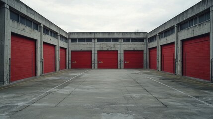 Obraz premium Red doors on concrete building under cloudy sky
