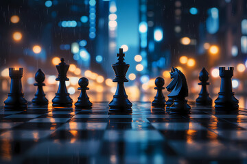Chess Strategy in a Cityscape: Chess pieces poised on a checkered board, illuminated by the neon glow of a city at night, representing strategic planning and intellectual pursuit. 
