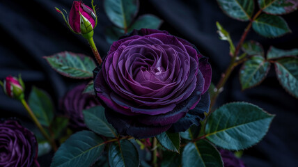Deep black rose with velvet texture, white background, dark academia aesthetic, moody lighting, high contrast