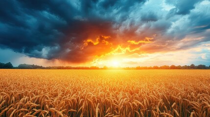 Fototapeta premium Stunning sunset over a golden wheat field with dramatic storm clouds enhancing the horizon's vibrant colors